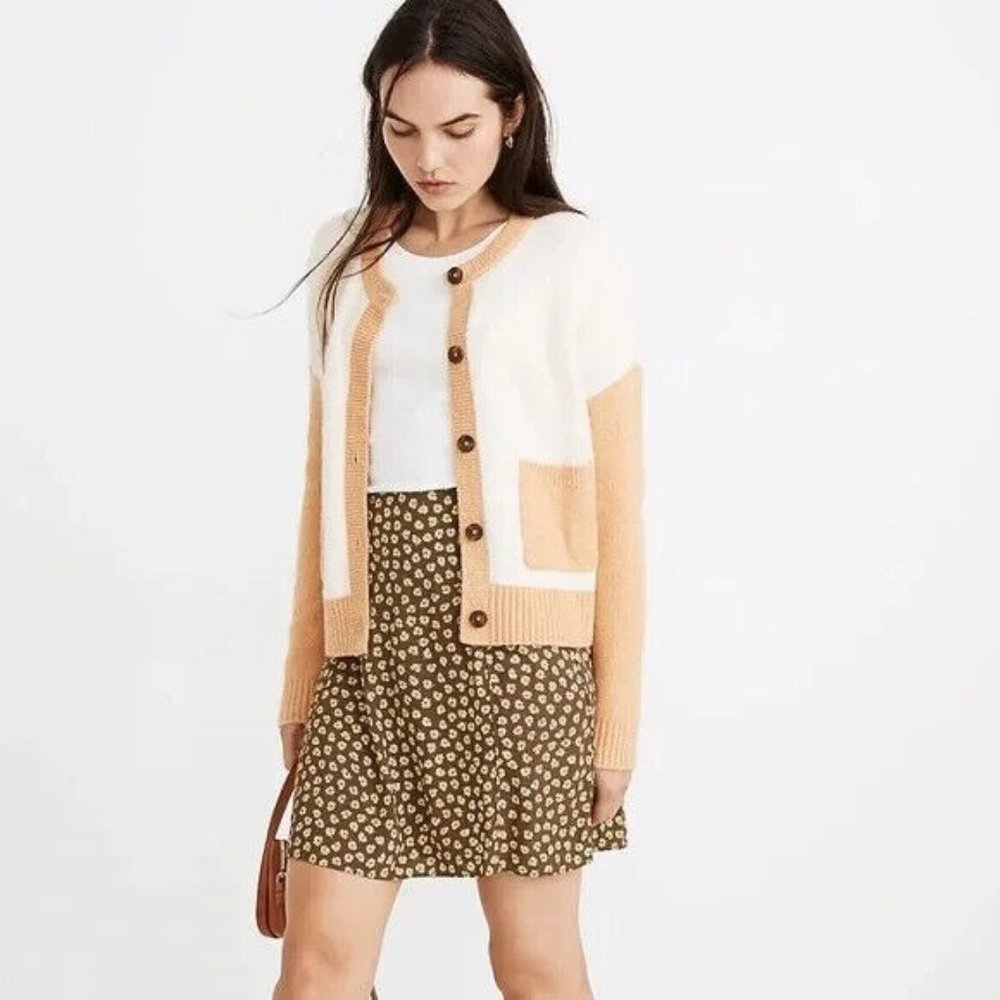 Madewell Colorblock Colburne Cardigan Sweater Coziest Textured Yarn Tan XLarge